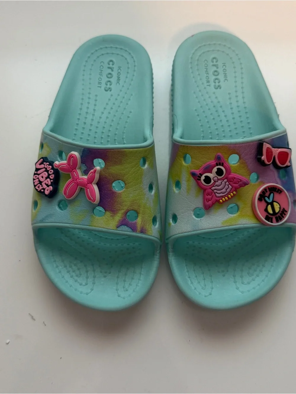 CROCS Kids Light Blue Tie-Dye Slide Sandals Size 12 w/charms